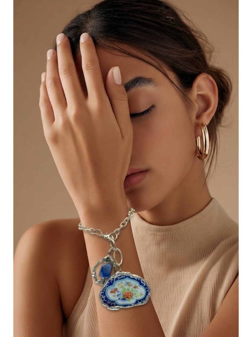Japanese Fine Bone China Bracelet | Asian Village & Lotus Flower | Sodalite Char